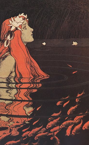 A nixie with vibrant red hair relaxes in a goldfish pond.