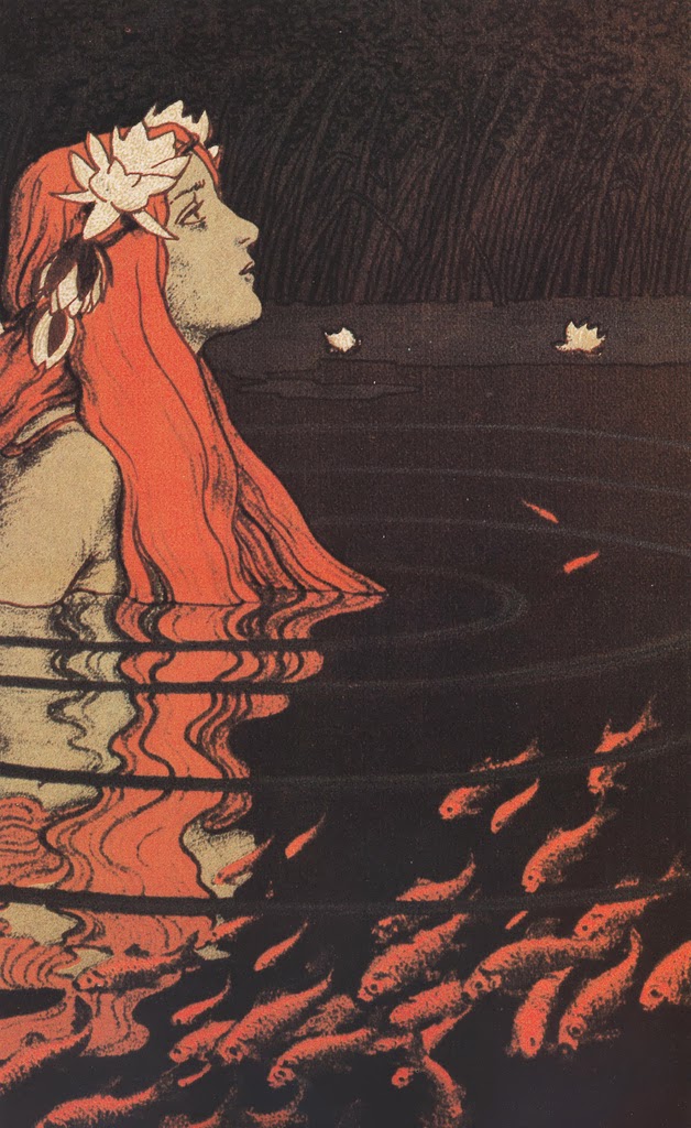 A beautiful nixie, with a lotus wreath in her vibrant red hair, relaxes in a goldfish pond.